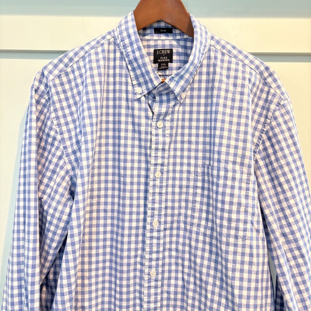 J.Crew Men's XXL Slim Fit Flex Washed Gingham Button Down Shirt Blue White - Picture 9 of 11
